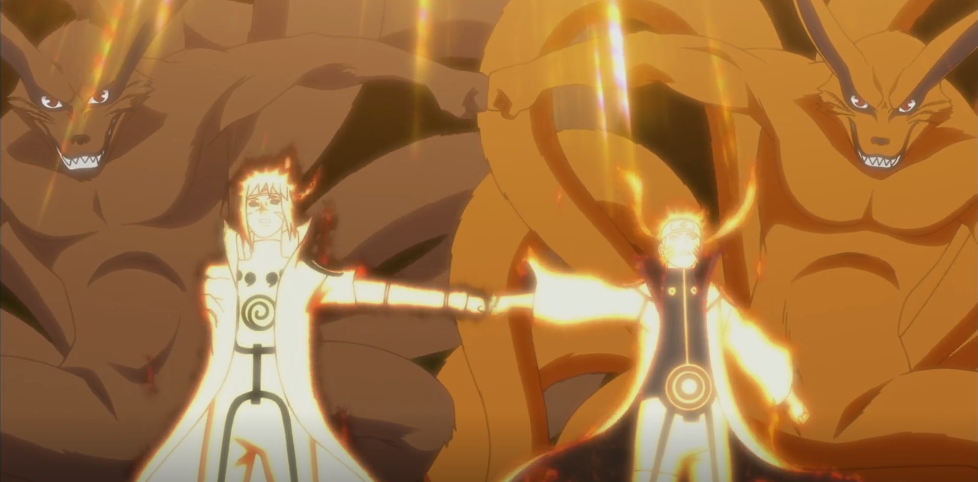Minato and Naruto with their halves of Kurama